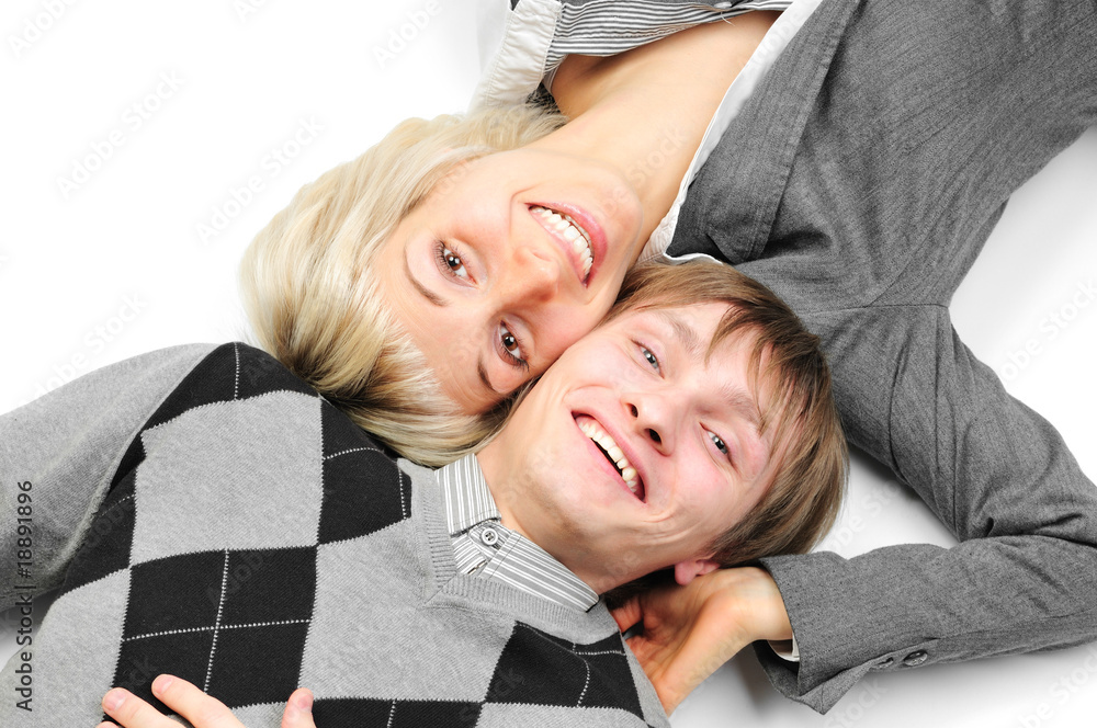 Obraz premium Happy young couple isolated on white background