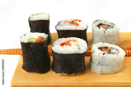 sushi rolls on wooden plate
