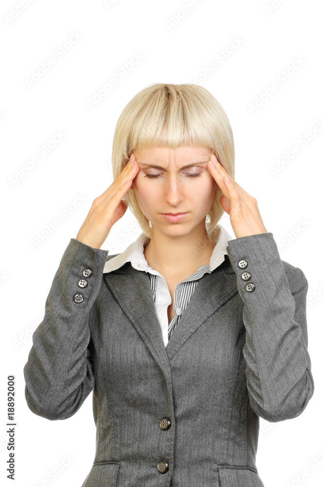 Business woman with strong headache isolated on white Business woman with strong headache isolated on white