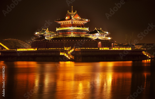 Ancient Temple Night Reflection Bridge Jinming Lake Kaifeng Chin