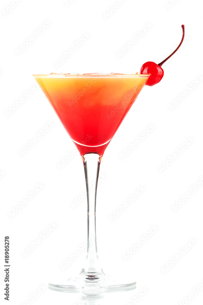 Tequila sunrise alcohol cocktail with ice and maraschino
