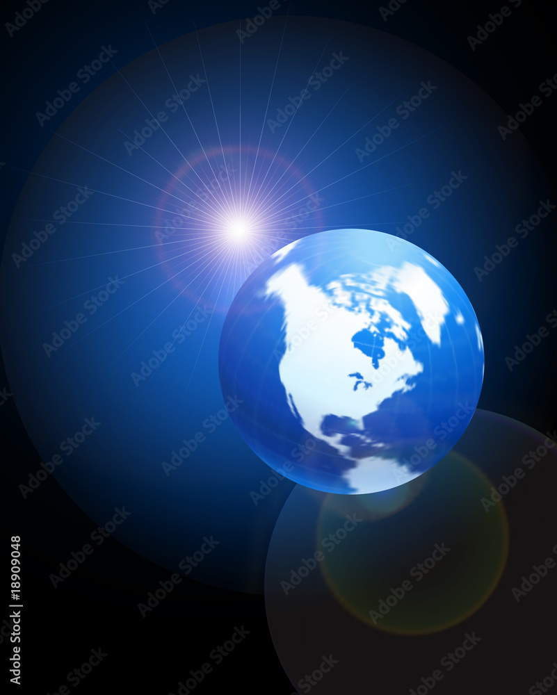 Globe on blue glowing background with lens flare Globe on blue glowing background with lens flare
