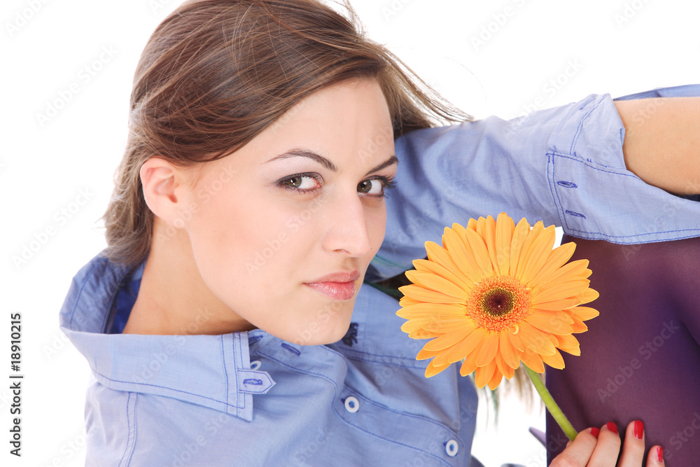 Beautiful woman with flower isolated on white Beautiful woman with flower isolated on white