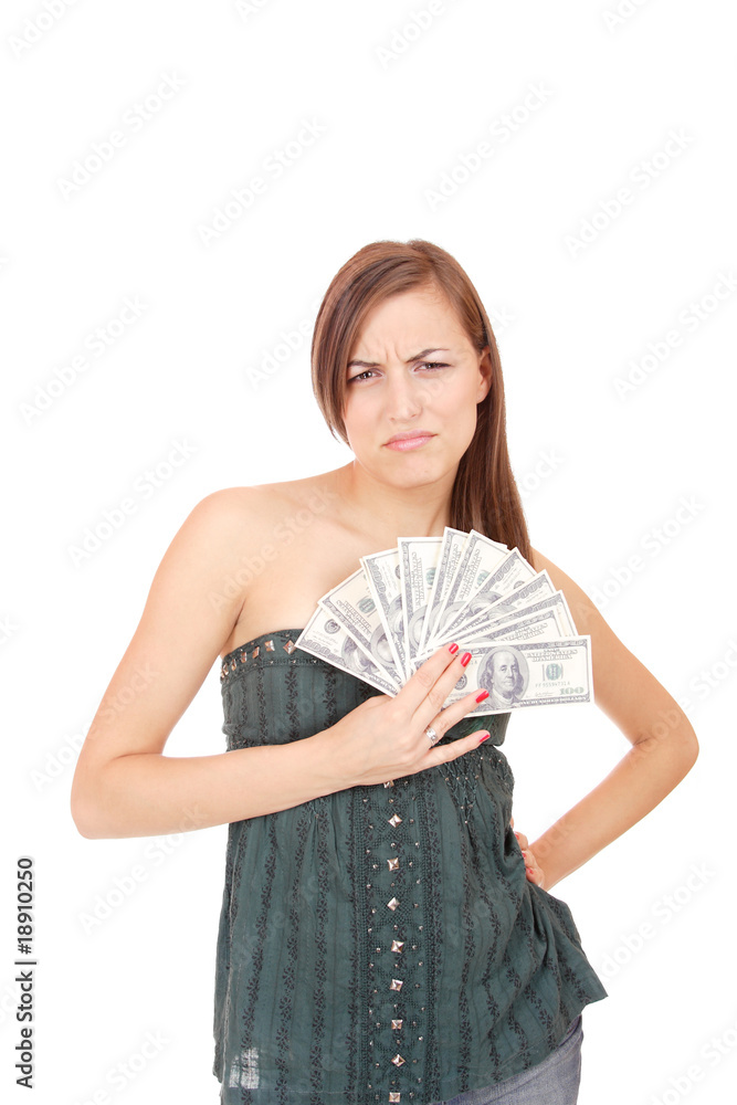 Attractive woman takes lot of 100 dollar bills Attractive woman takes lot of 100 dollar bills