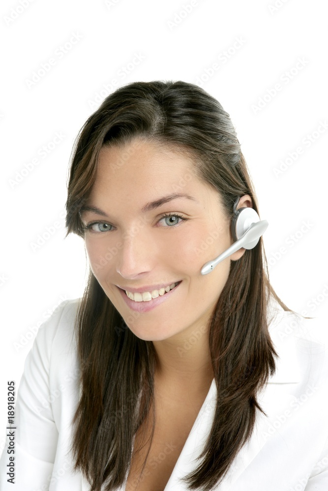 Beautiful headset businesswoman portrait in white Beautiful headset businesswoman portrait in white