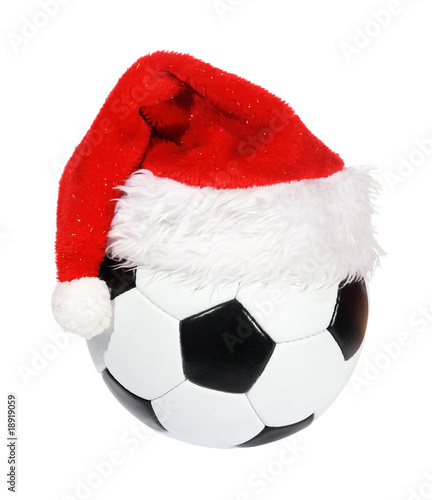 Santa Claus hat on the soccer ball