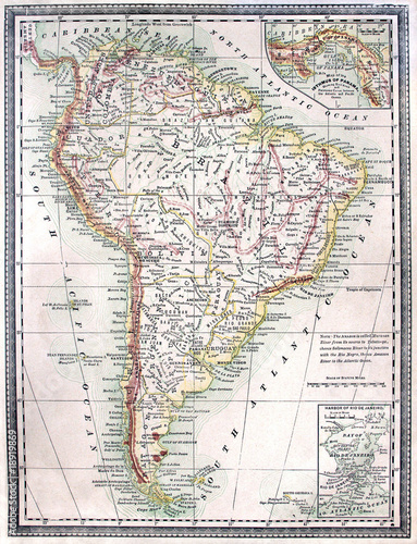 Original antique map of South America, line colored, dated 1889.