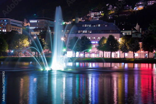 Night pond with fountain in Bergen, Norway