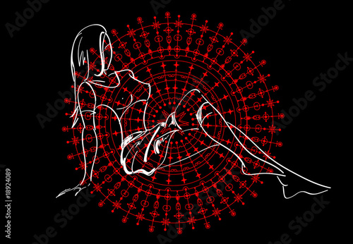 SKETCH. The vector beautiful girl against a radial decorative la