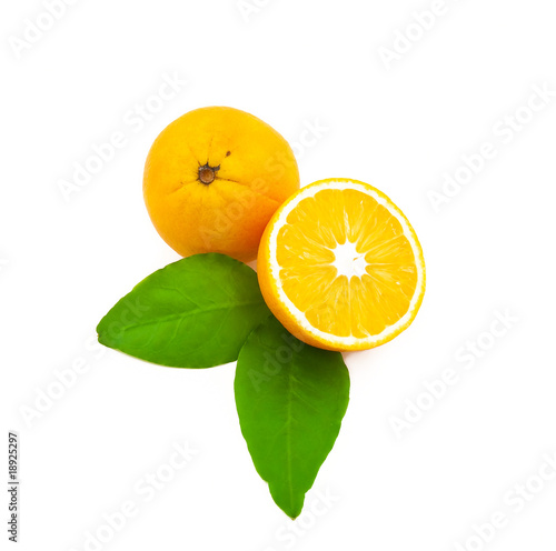 Oranges with leaves on a white background