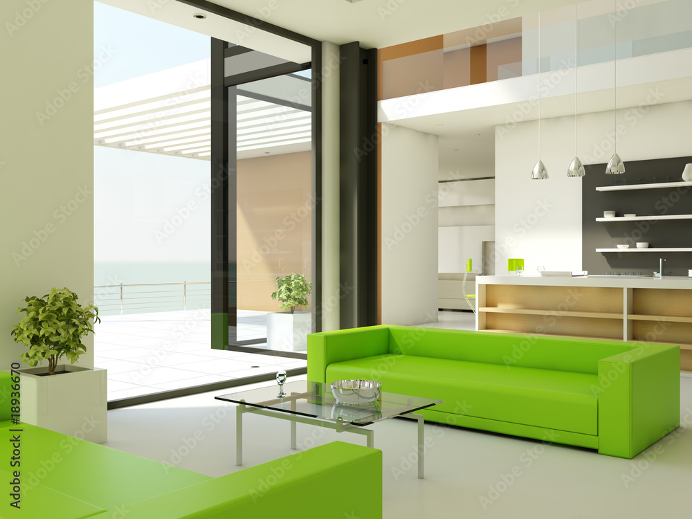 Light interior design with white walls and green couch Light interior design with white walls and green couch