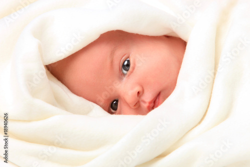 Little boy in blanket. Isolated on white background.