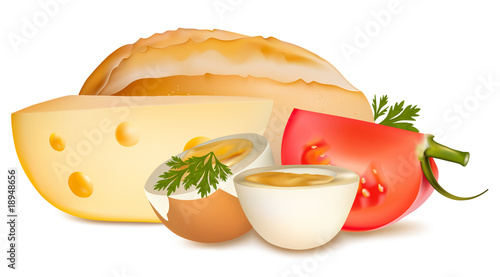 Vector. Breakfast: bread, cheese, eggs and tomato.