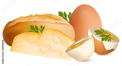 Breakfast: bread, cheese and eggs.