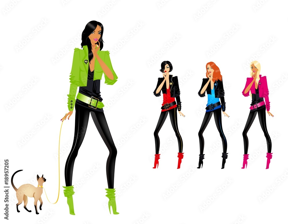 Obraz premium Set of beautiful fashionable glamour girls with a cat