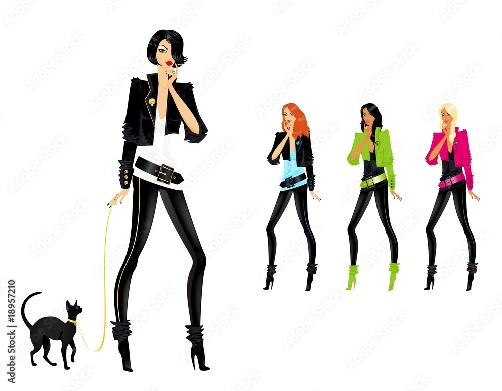 Obraz premium Set of beautiful fashionable glamour girls with a cat