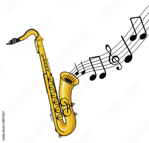 Photo saxophone with music notes coming out