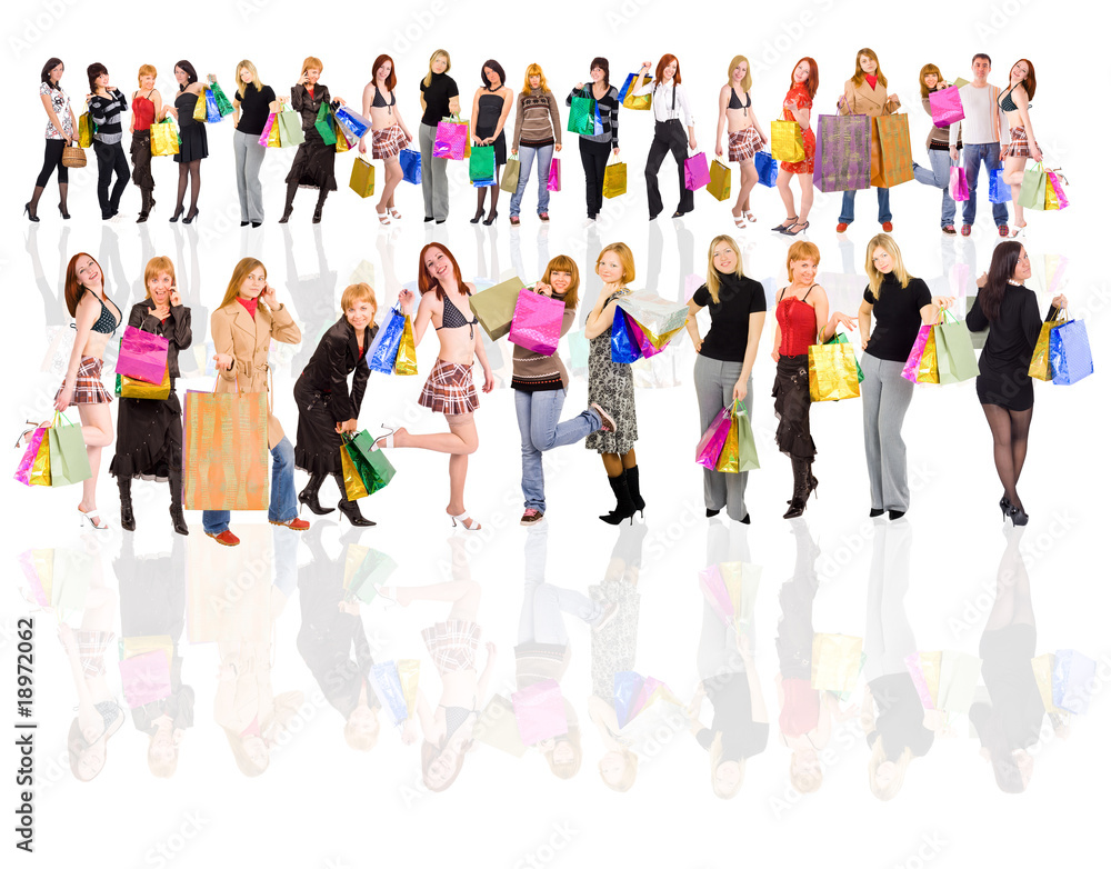 Fototapeta premium Shopping girls with bags isolated over white