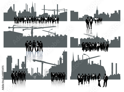 Illustration of business people and city