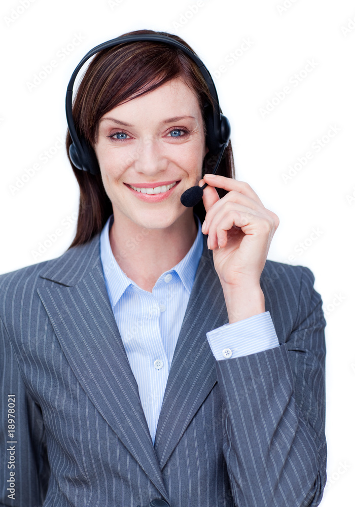 Portrait of a smiling businesswoman with headset on Portrait of a smiling businesswoman with headset on