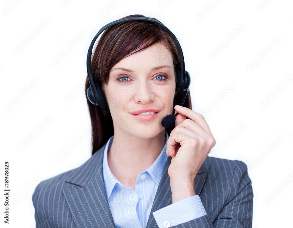 Serious businesswoman with headset on Serious businesswoman with headset on