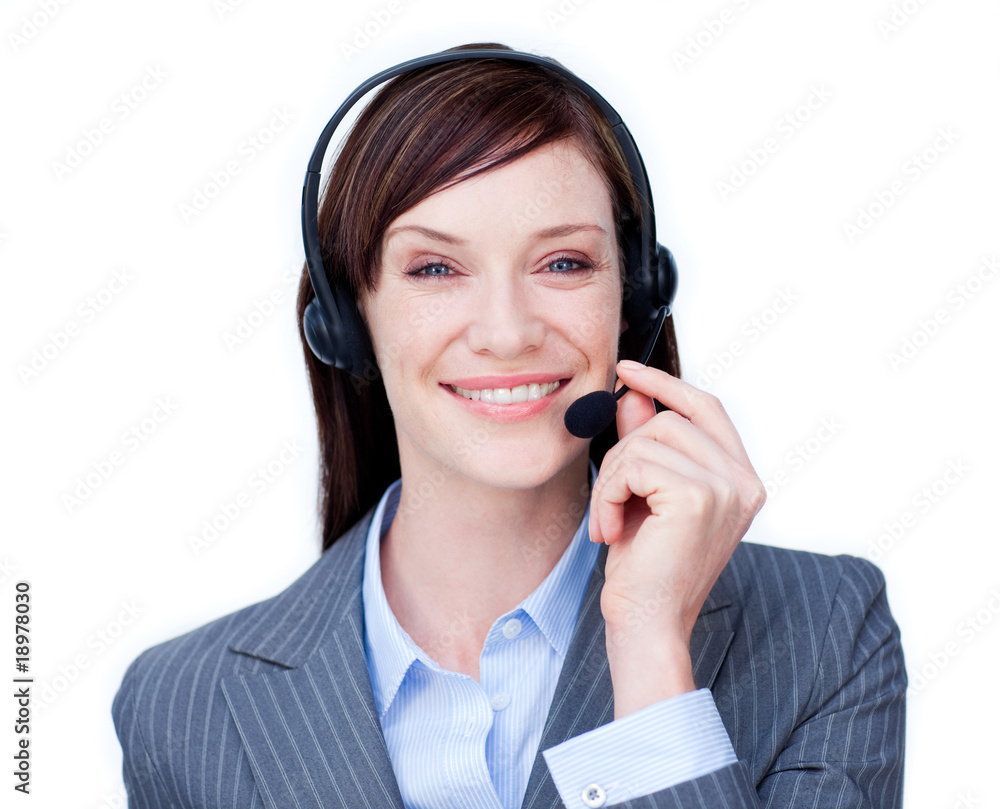 Smiling customer service agent with headset on Smiling customer service agent with headset on