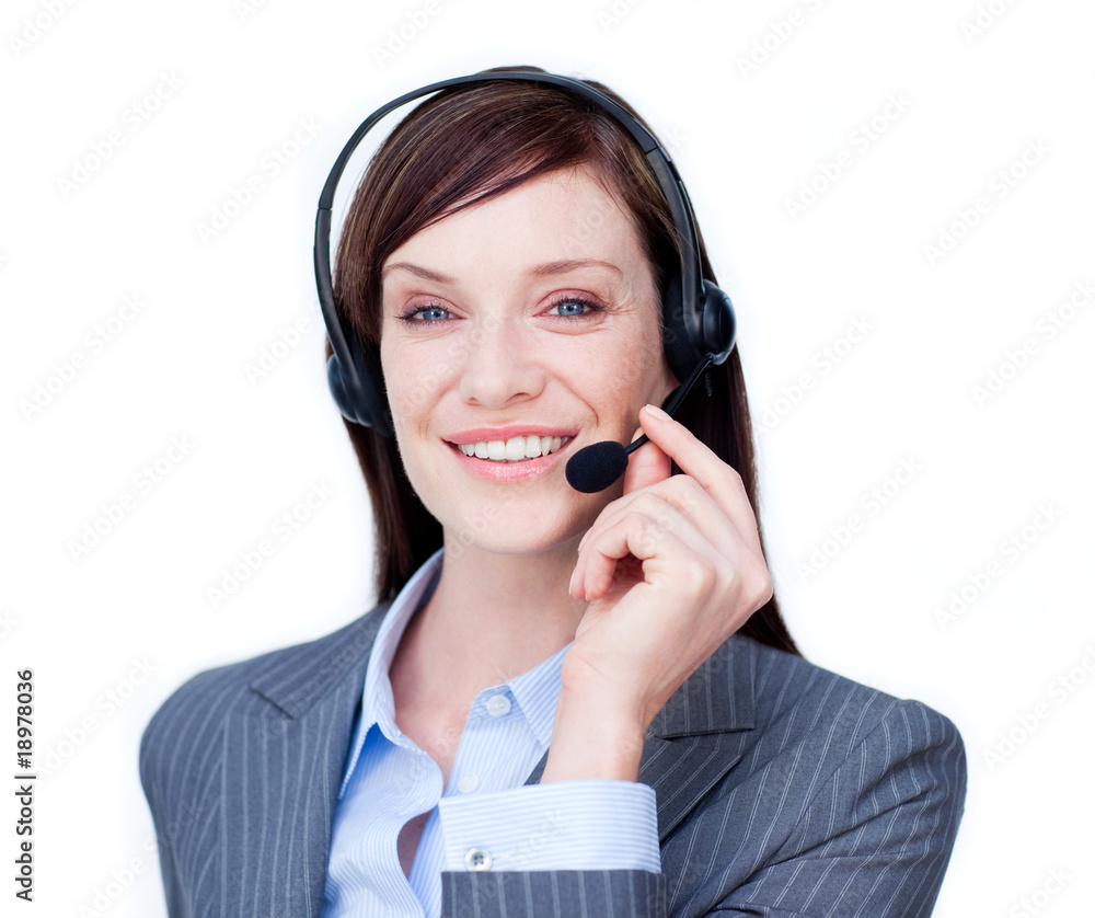 Portrait of a young businesswoman with headset on Portrait of a young businesswoman with headset on