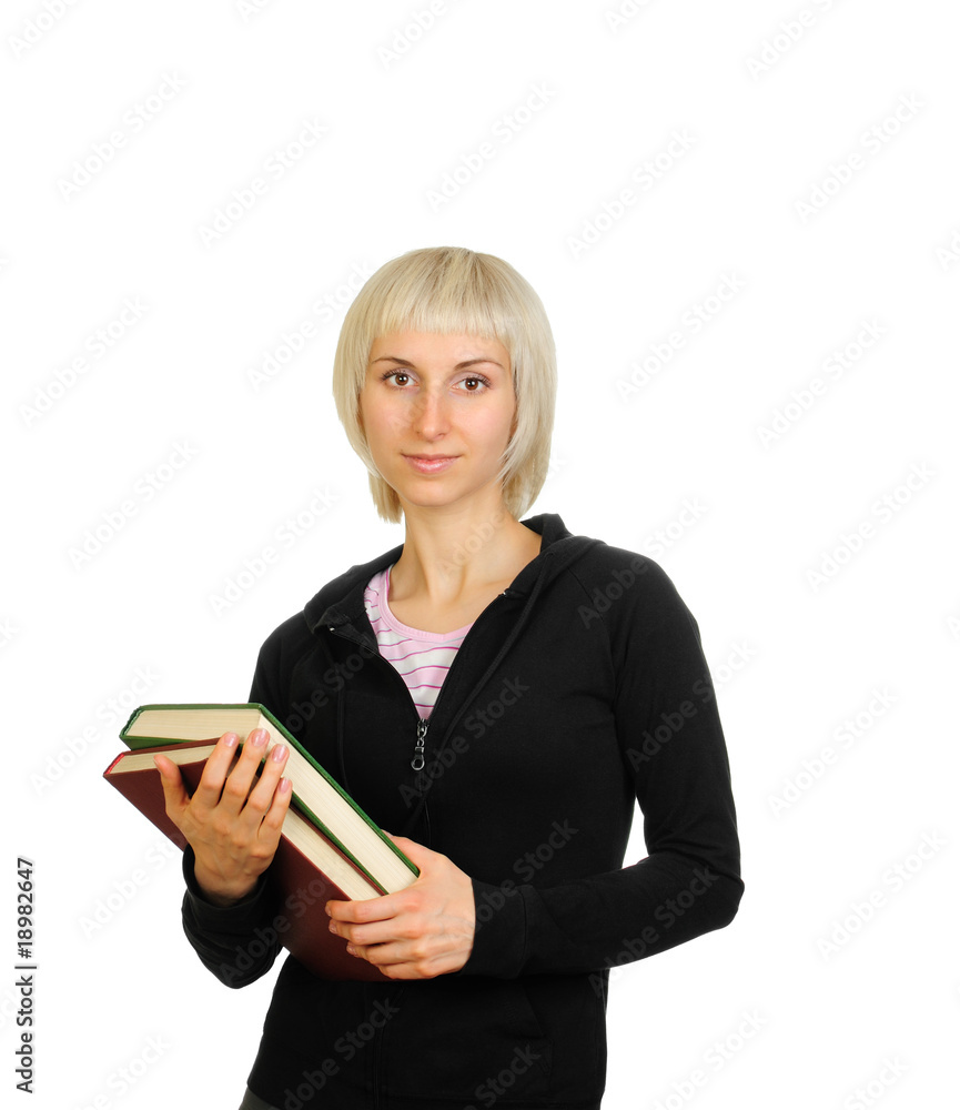 Young woman holding books isolated on white background Young woman holding books isolated on white background