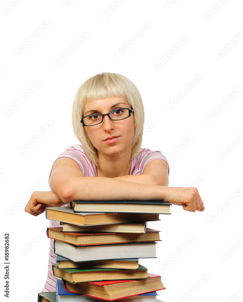 Young woman with stack of books isolated on white Young woman with stack of books isolated on white