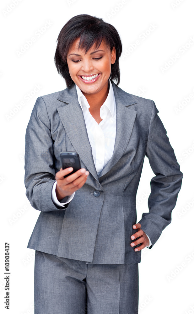 Young hispanic businesswoman sending a message Young hispanic businesswoman sending a message