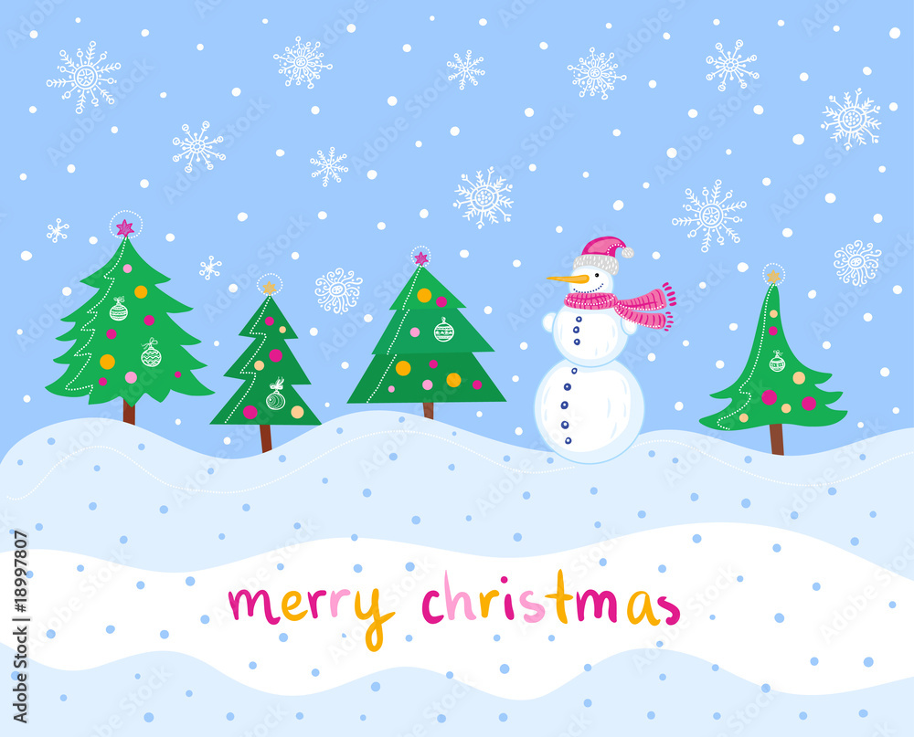 christmas card with trees and snowman