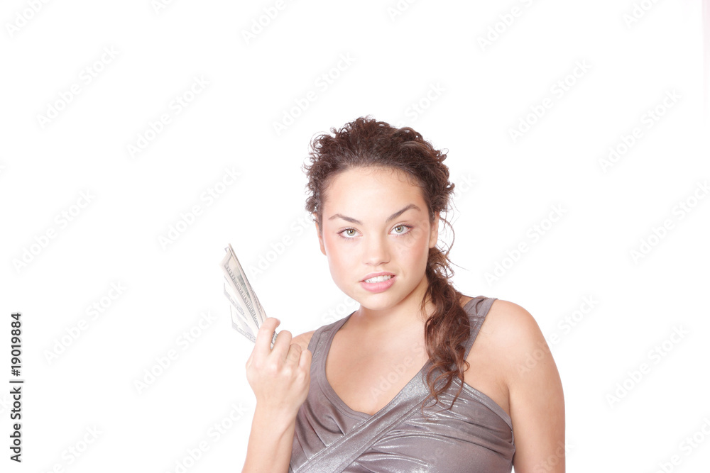 Attractive woman takes lot of 100 dollar bills Attractive woman takes lot of 100 dollar bills