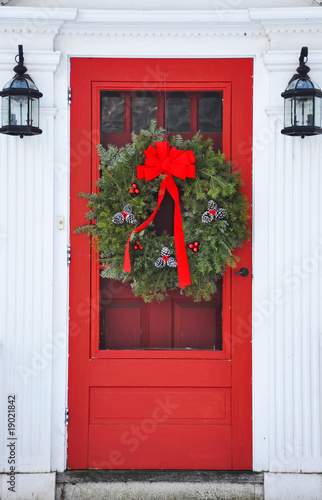 wreath on red front door