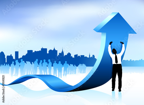 Businessman holding up arrow with new york city skyline backgrou