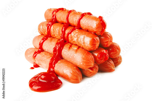 beef sausages pyramide with ketchup