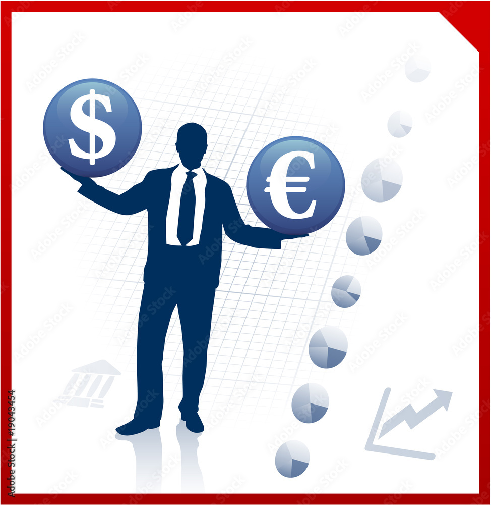 Young business man silhouettes with currency symbols Young business man silhouettes with currency symbols