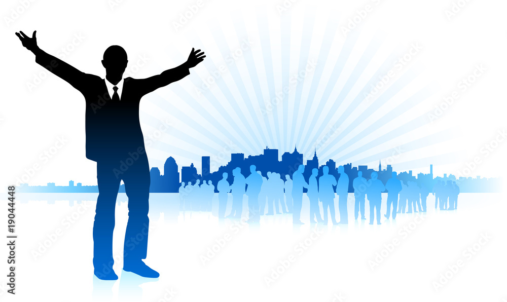 businessman with city on blue background