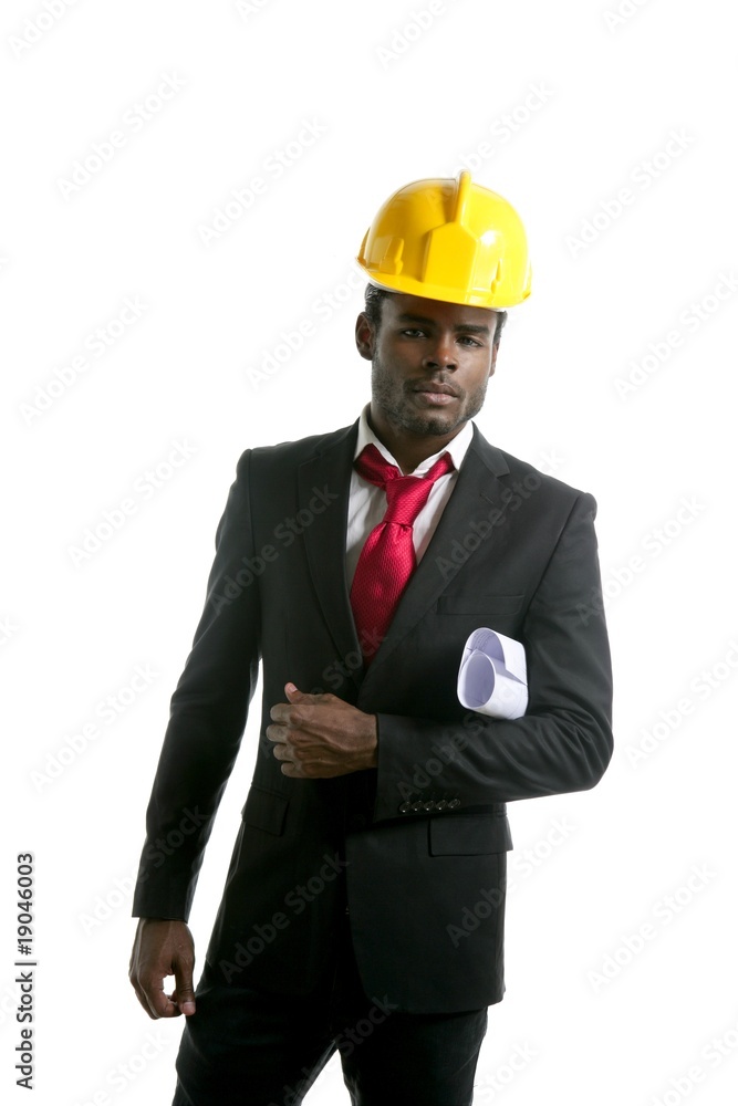 African american architect engineer yellow hardhat