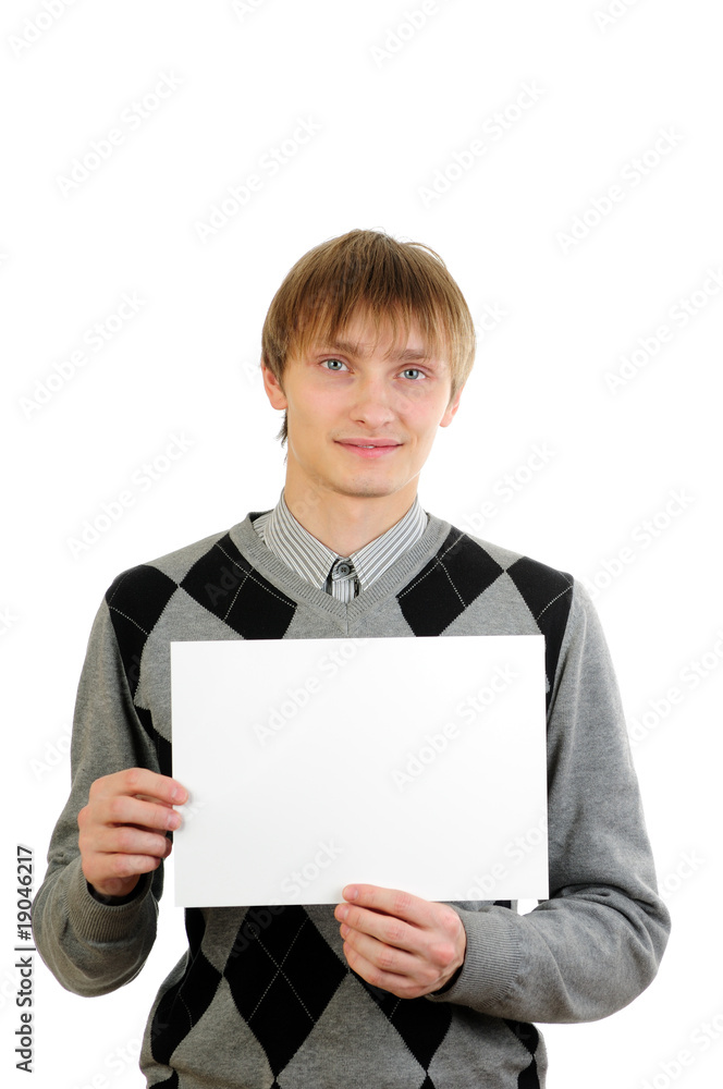 Man holding blank card isolated on white background Man holding blank card isolated on white background