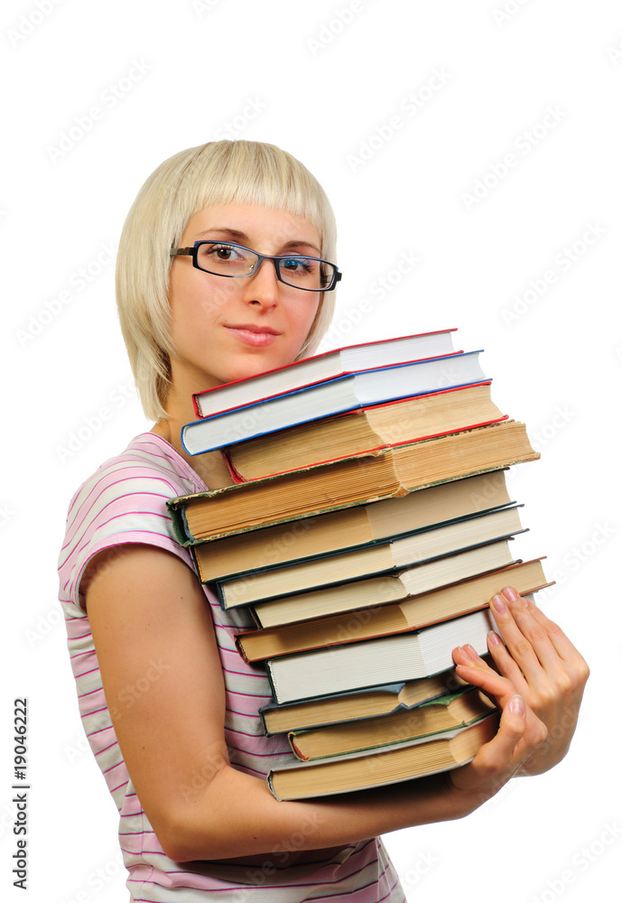 Young woman with stack of books isolated on white Young woman with stack of books isolated on white