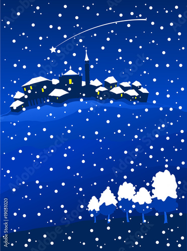 Paesaggio natalizio con nevicata e cometa