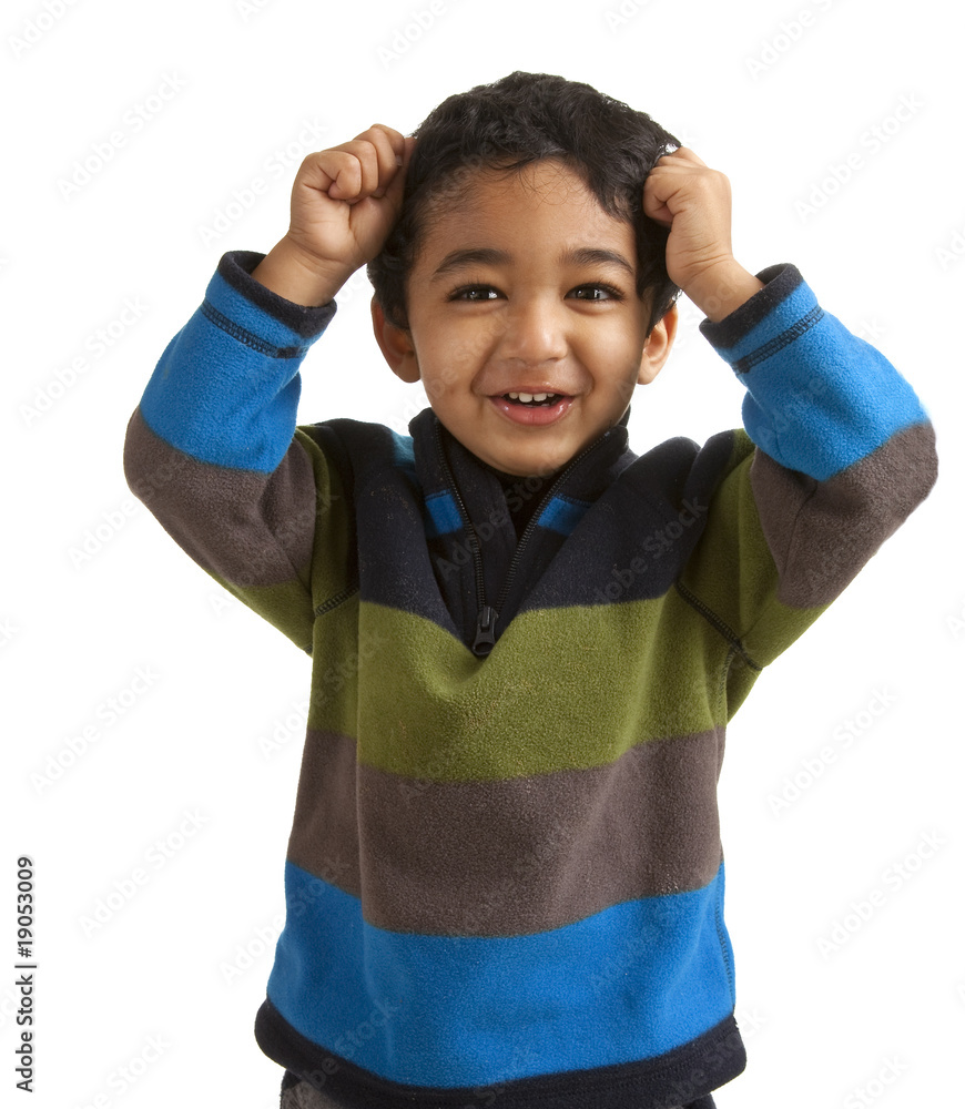 Portrait of an Excited Toddler Pulling his Hair, isolated Portrait of an Excited Toddler Pulling his Hair, isolated