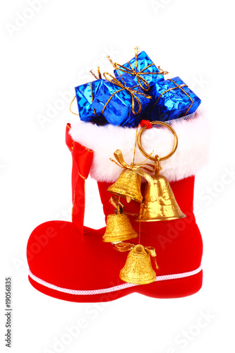 Red Christmas boot with gifts and bells