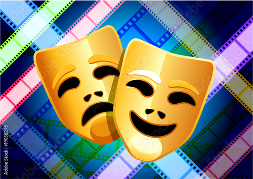 comedy and tragedy masks on multi color film reel background