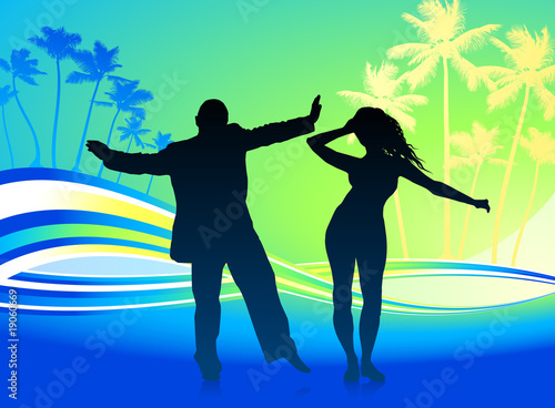 young couple dancing on tropical background