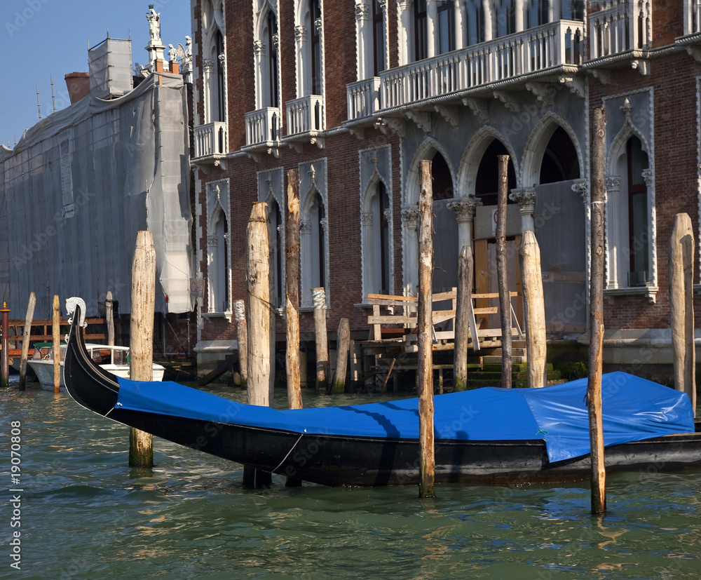 Grand Canal Gondola Reflections Mooring Poles Venice Italy