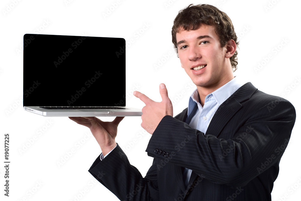 Yound businessman pointing on a laptop in hand Yound businessman pointing on a laptop in hand