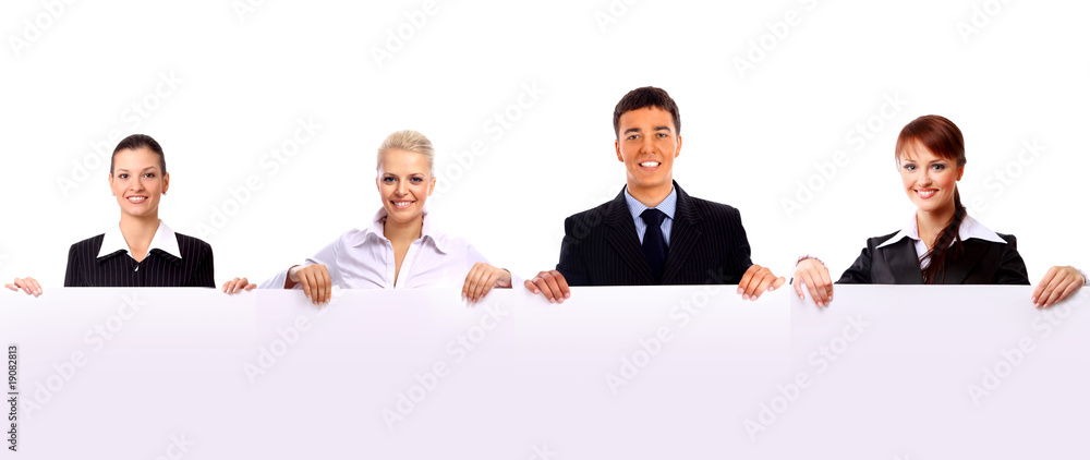 group of business people holding a banner ad isolated on white group of business people holding a banner ad isolated on white