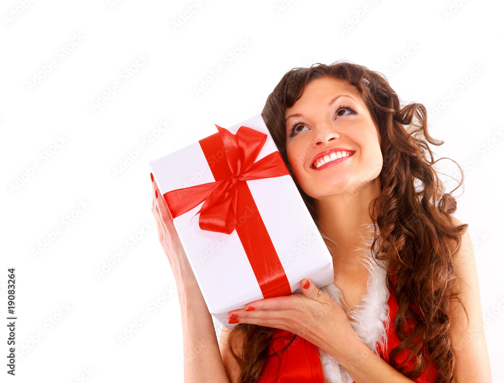 picture of cheerful santa helper girl with gift box.. picture of cheerful santa helper girl with gift box..