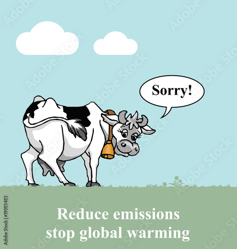 Apologetic cow relating to global warming emissions